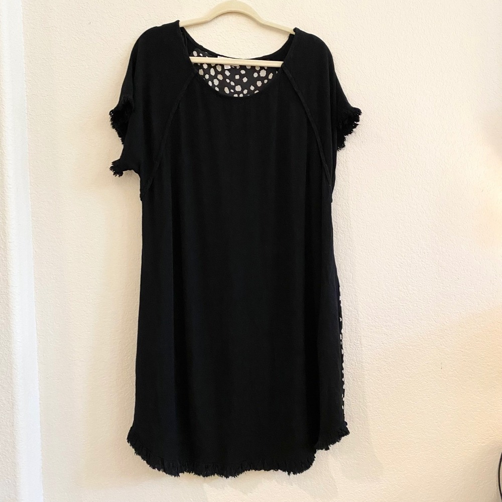 Umgee USA Black White Speckled Print Tassel Fringe Linen Cotton Dress‎ 1XL